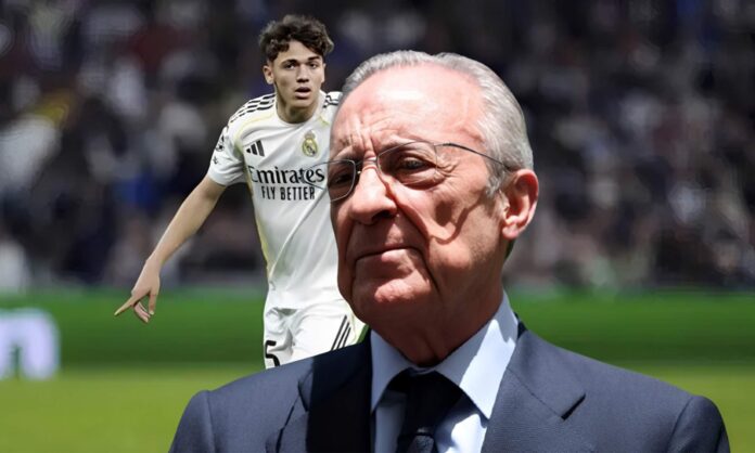 Florentino Pérez y una foto de Thiago Pitarch jugando con el Real Madrid.