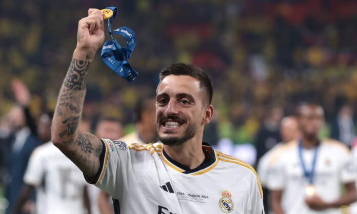 Joselu, celebrando la última Champions League ganada por el Real Madrid hace casi dos años.