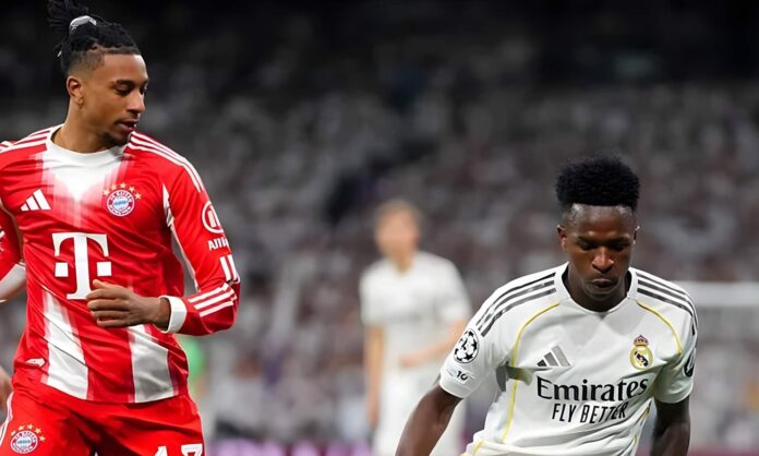 Michael Olise y Vinicius Junior, en el partido de ida de cuartos de esta Champions entre el Real Madrid y el Bayern Múnich.