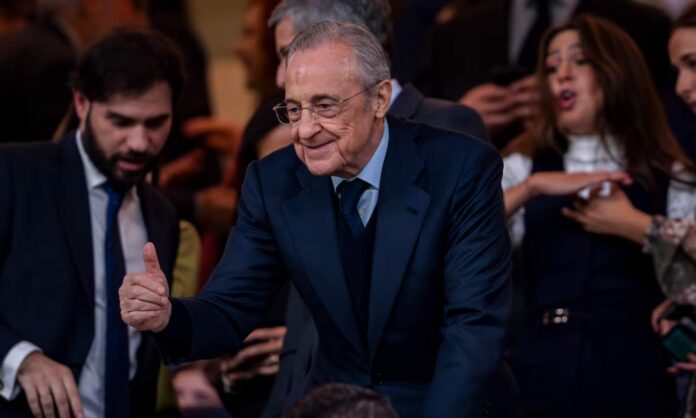 Florentino Pérez, en el palco del Santiago Bernabéu en un partido del Real Madrid durante esta temporada.