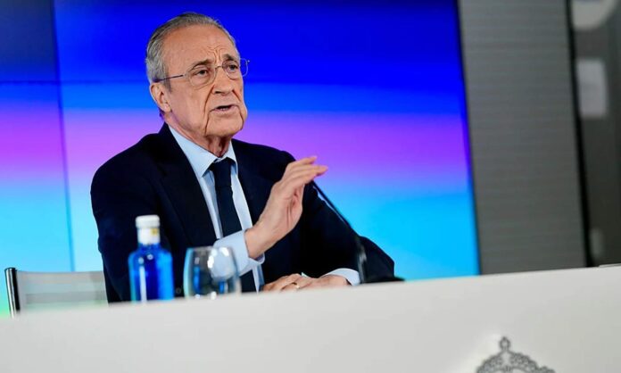 Florentino Pérez, durante la comparecencia de prensa de la semana pasada en la que adelantó las elecciones a la presidencia del Real Madrid.