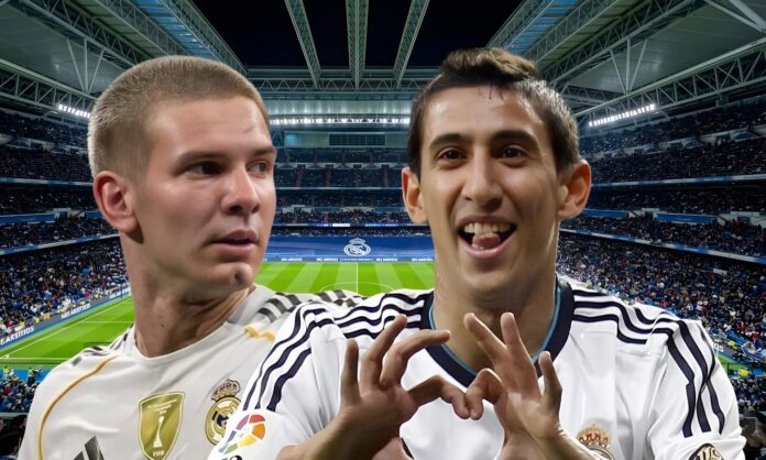 Franco Mastantuono y Ángel di María, los últimos argentinos en vestir la camiseta del Real Madrid.