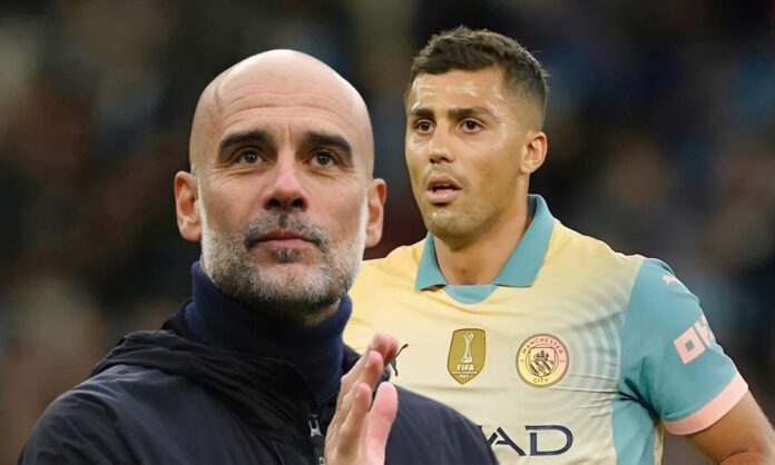 Pep Guardiola y una foto de Rodri Hernández. 